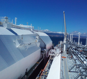 LNG STS transfer close up of hoses