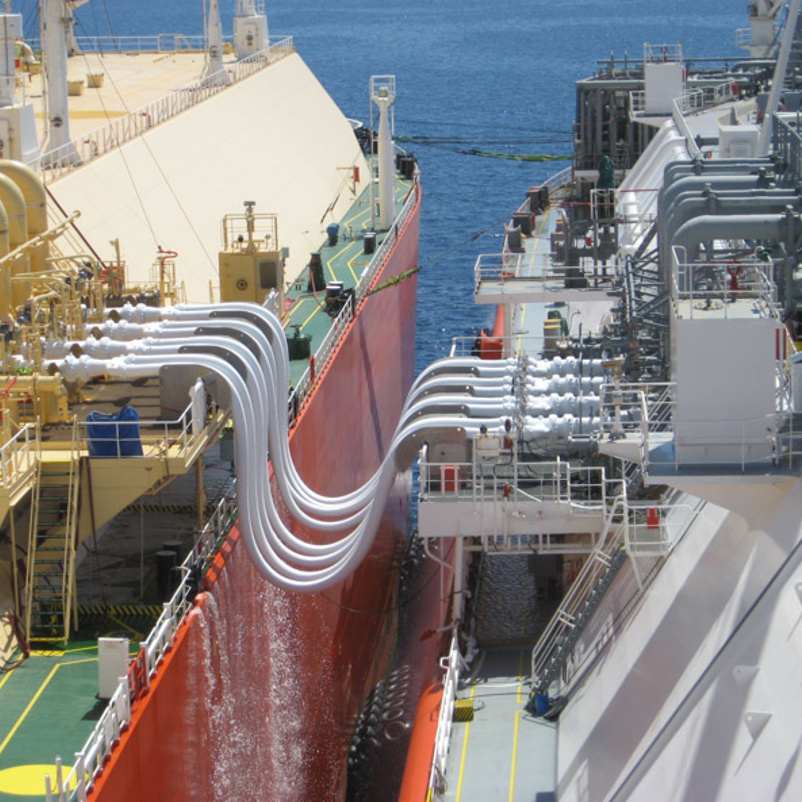 Close up of LNG STS transfer kit and hoses between two vessels