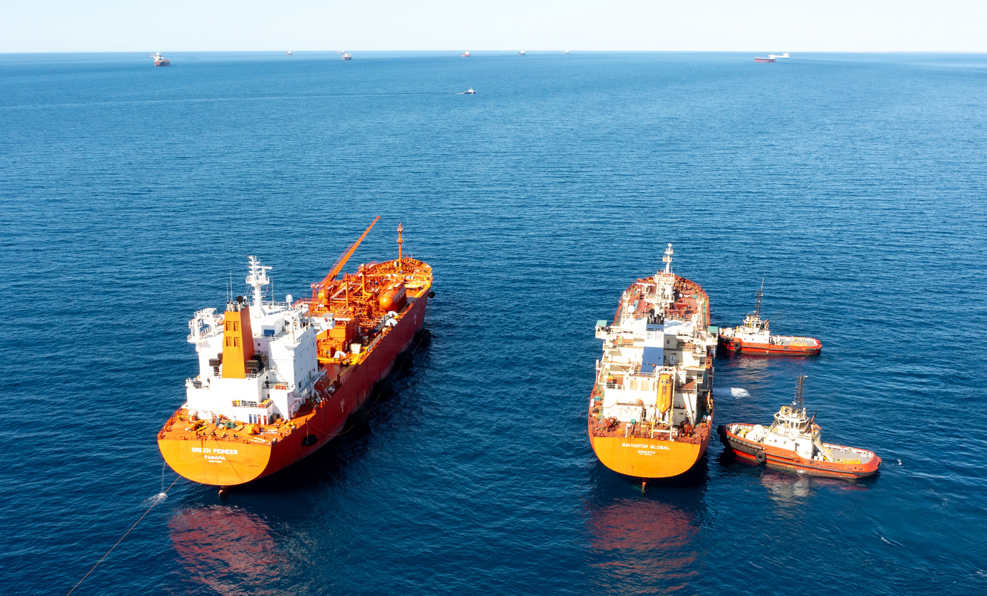 The Green Pioneer And The Navigator Global With Rio Tinto Tugboats At The Outer Anchorage Of Port Dampier